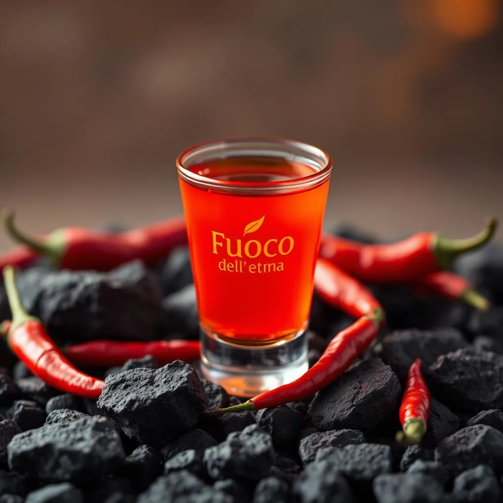 Bicchiere di liquore Fuoco dell'Etna rosso intenso con peperoncini e rocce laviche