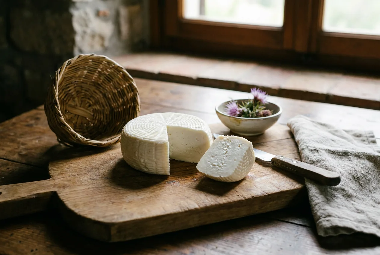 Giuncata calabrese, formaggio fresco bianco in un canestrino intrecciato di giunco