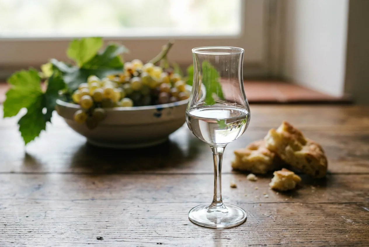 Grappa di Vermentino ligure in bottiglia trasparente con bicchierino da assaggio