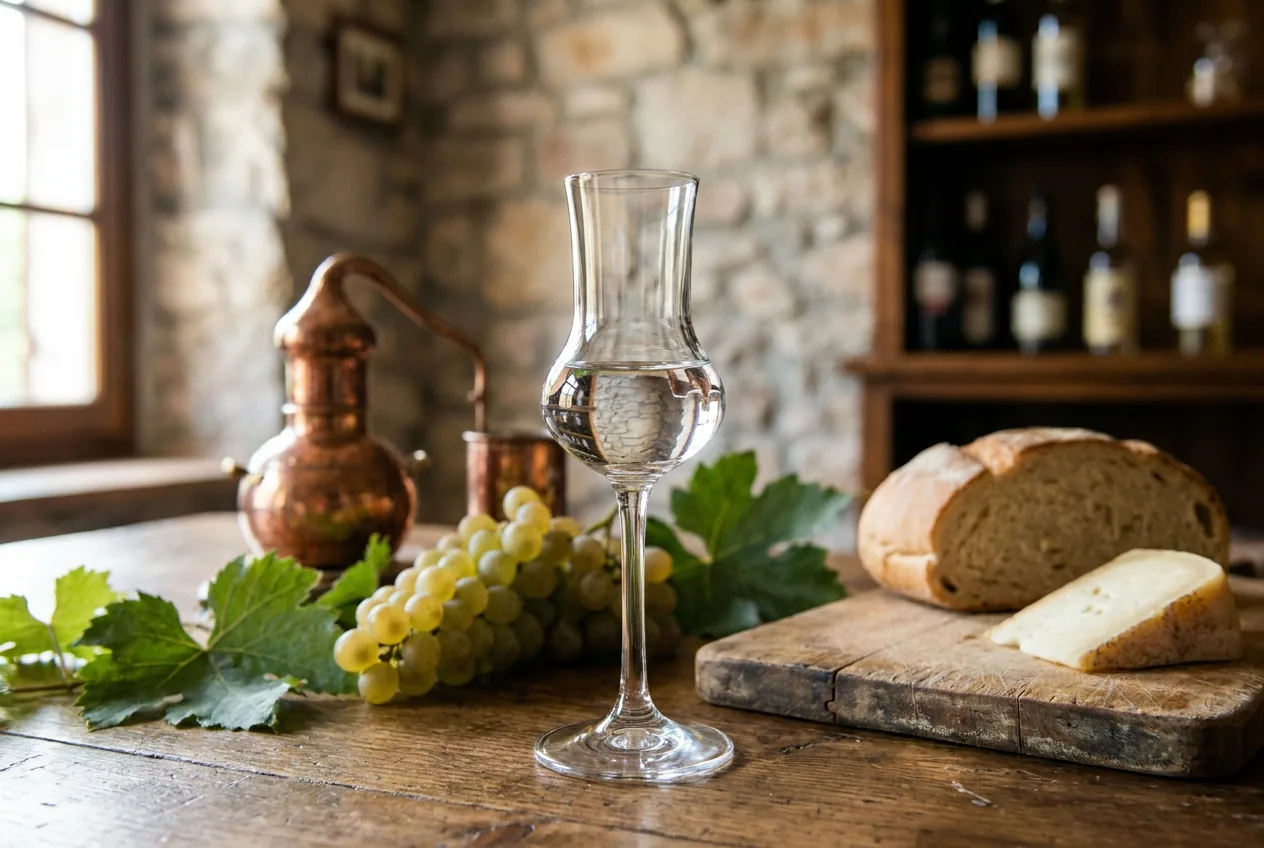 Bicchiere di grappa friulana trasparente su un tavolo di legno