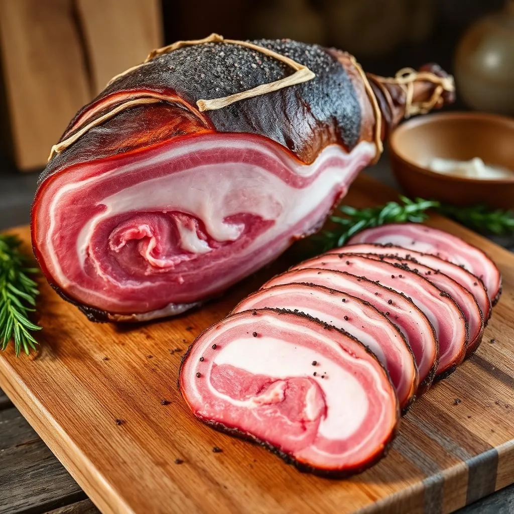 Guanciale amatriciano PAT intero e a fette con marezzatura rosa-bianca e crosta pepata su tagliere di legno
