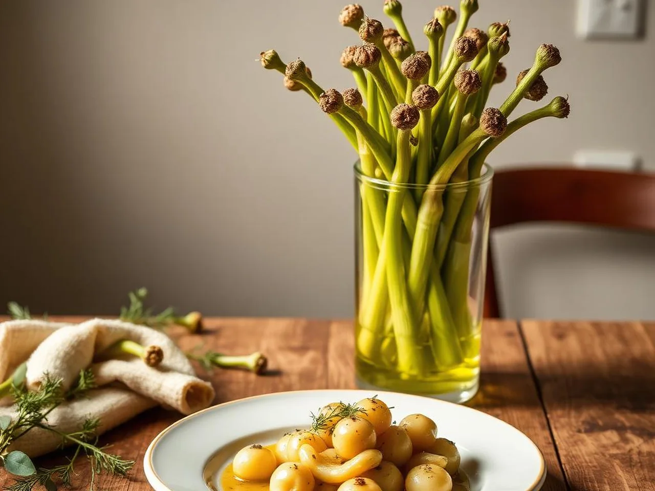 Lampascioni pugliesi sott'olio in piatto di ceramica con prezzemolo e olio extravergine