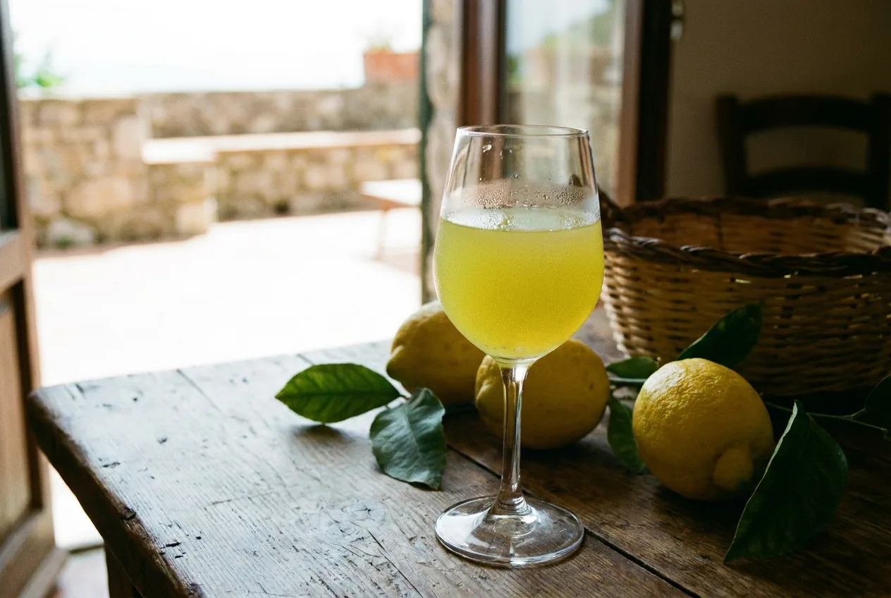 Bottiglia di limoncello di Costa d'Amalfi con limoni freschi
