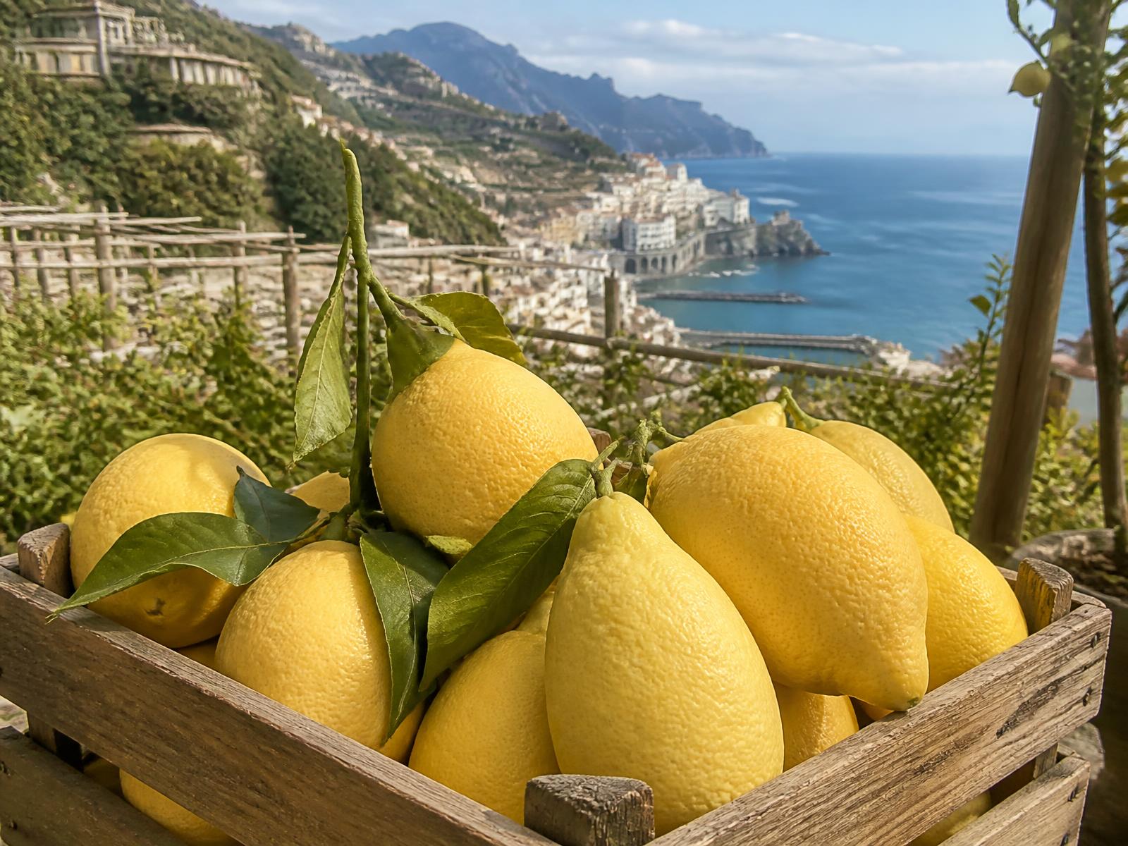 Limoni Costa d'Amalfi IGP «sfusato amalfitano» in cassetta di legno con vista sulla Costiera Amalfitana