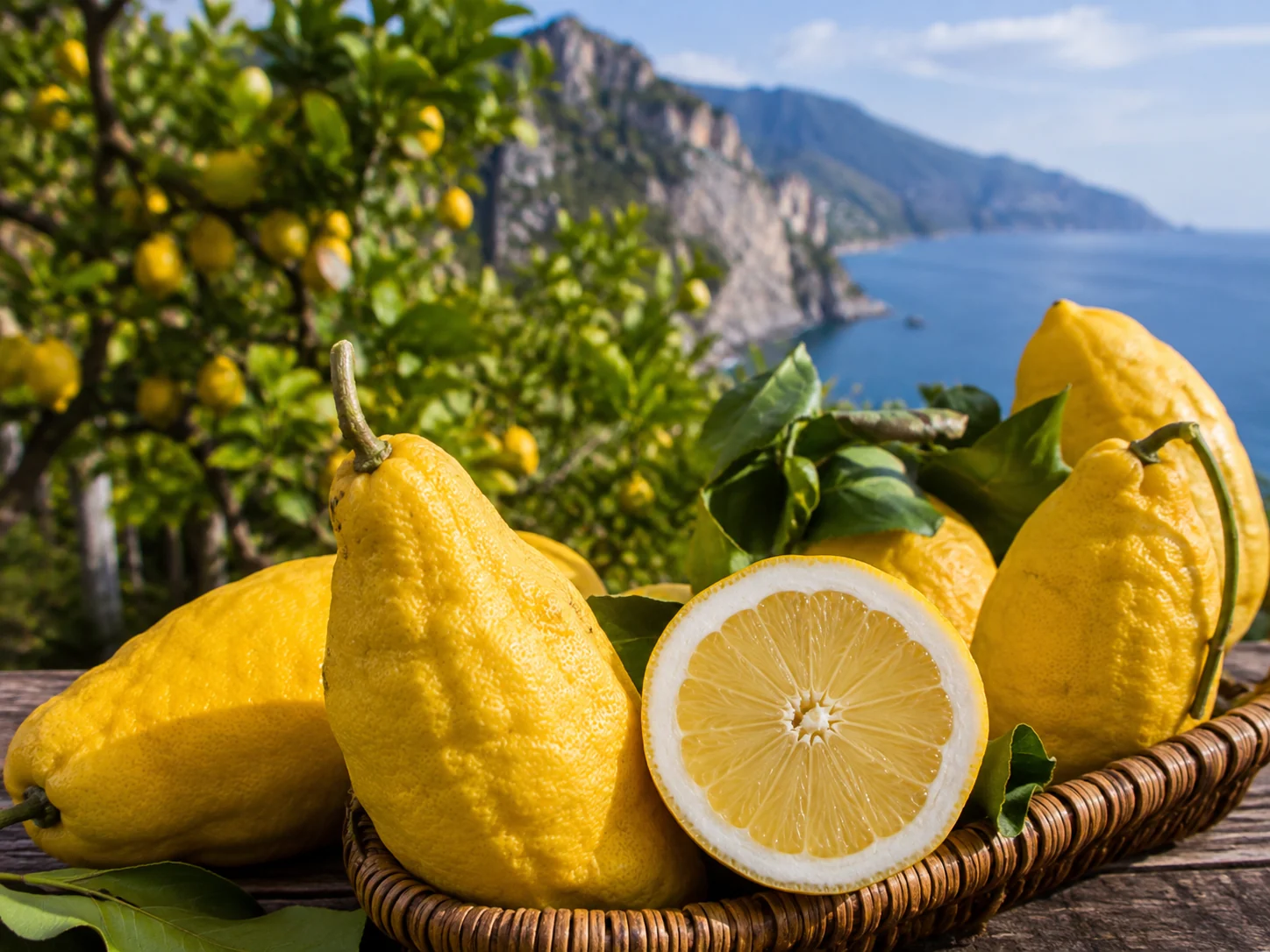 Limoni della Costiera Amalfitana con mare e terrazze sullo sfondo