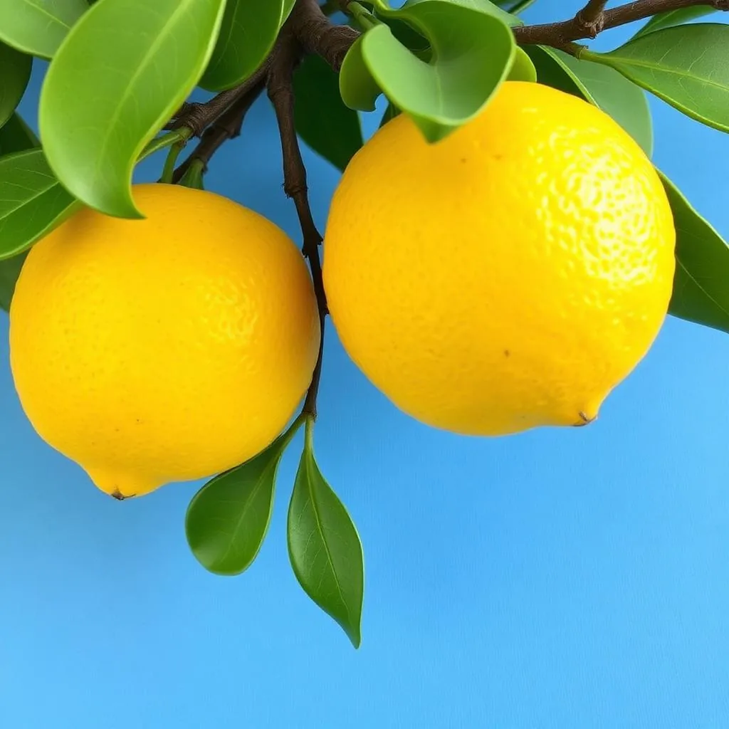 Limone di Siracusa IGP Femminello su ramo con foglie in agrumeto siciliano