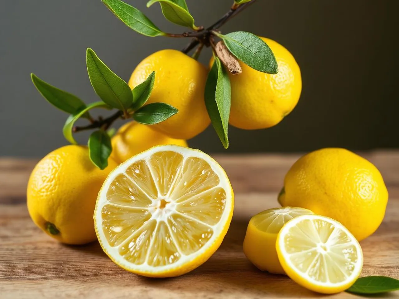 Limoni Femminello del Gargano IGP gialli maturi con foglie verdi e frutti tagliati a metà