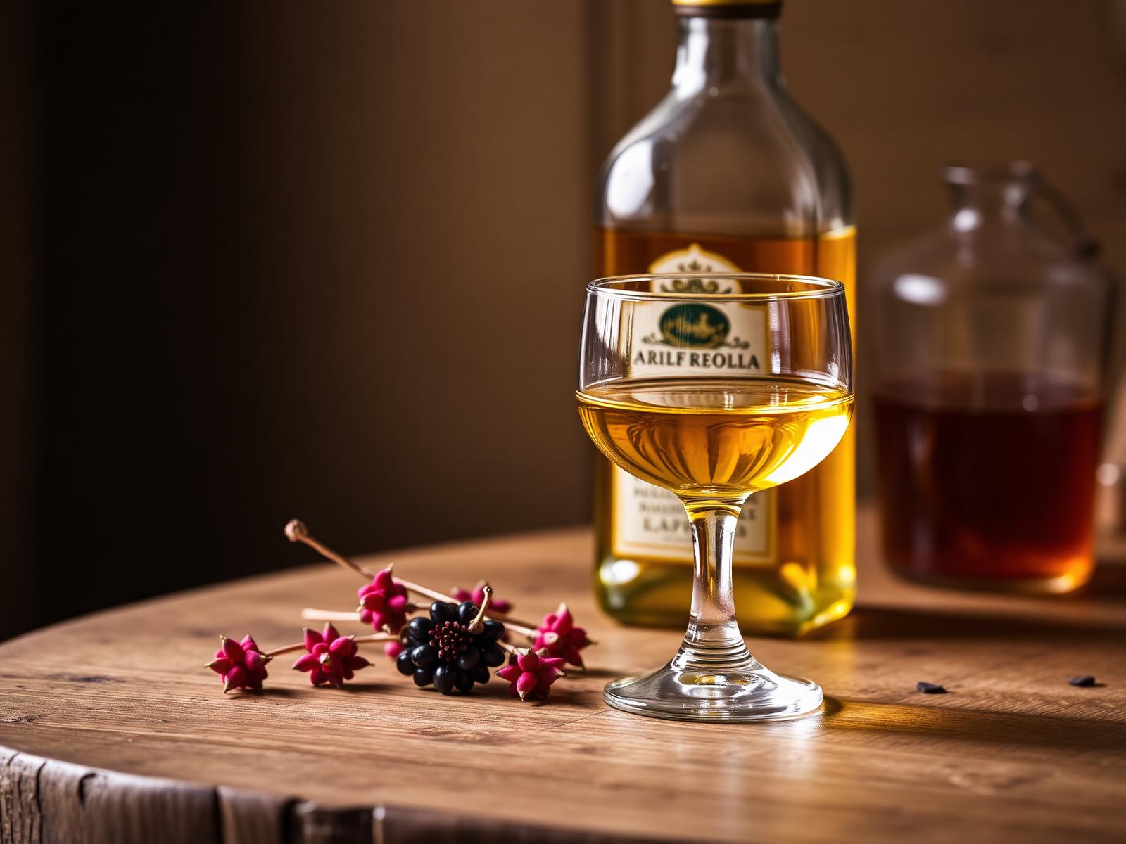 Liquore giallo-oro allo zafferano dell'Aquila in bicchierino con pistilli rossi