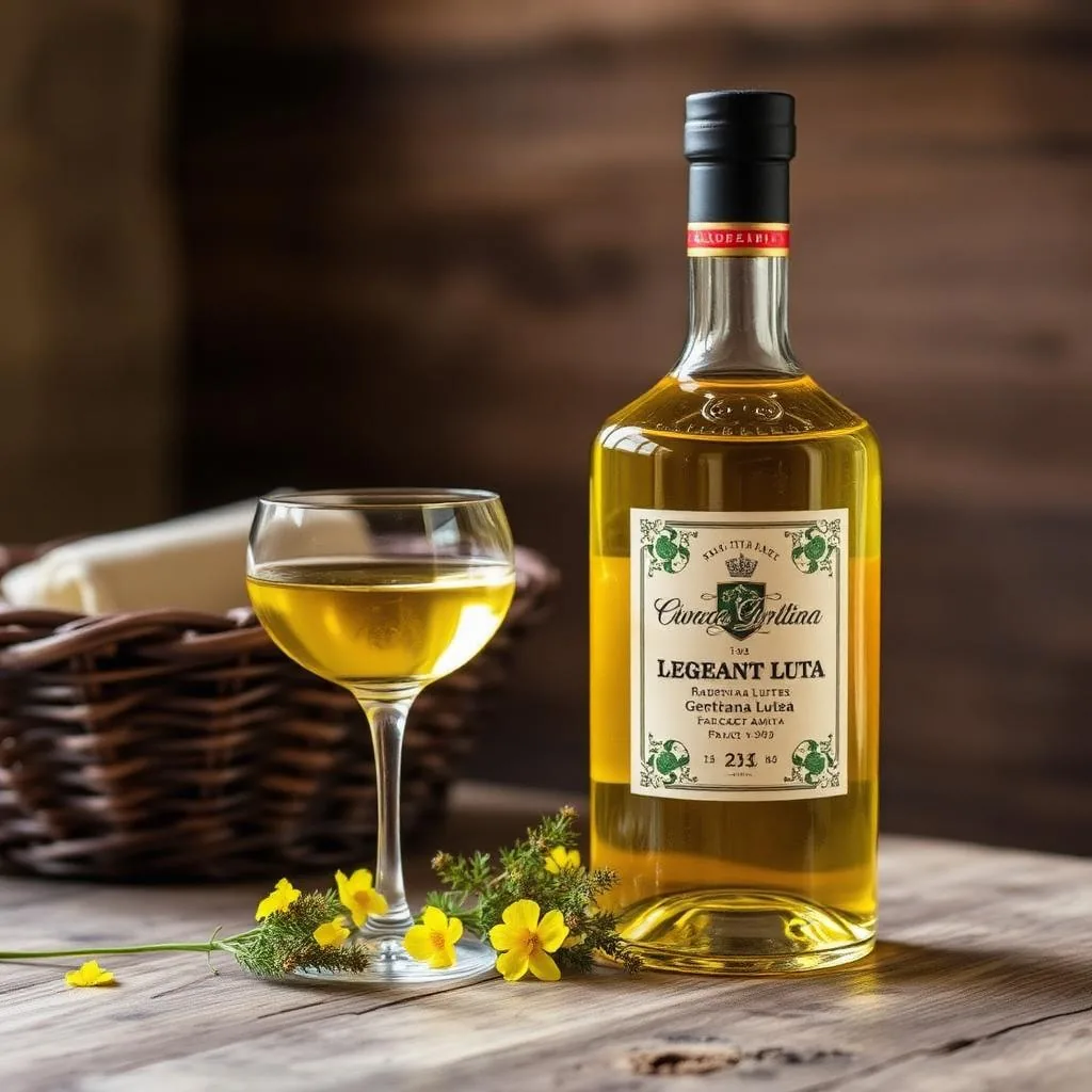 Bottiglia di liquore di genziana giallo ambra con radice essiccata