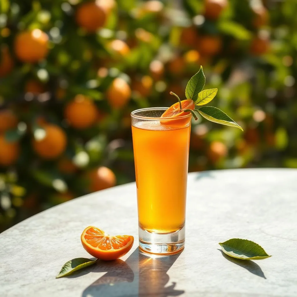 Bicchiere di liquore al mandarino di Santa Venerina dorato con mandarini freschi