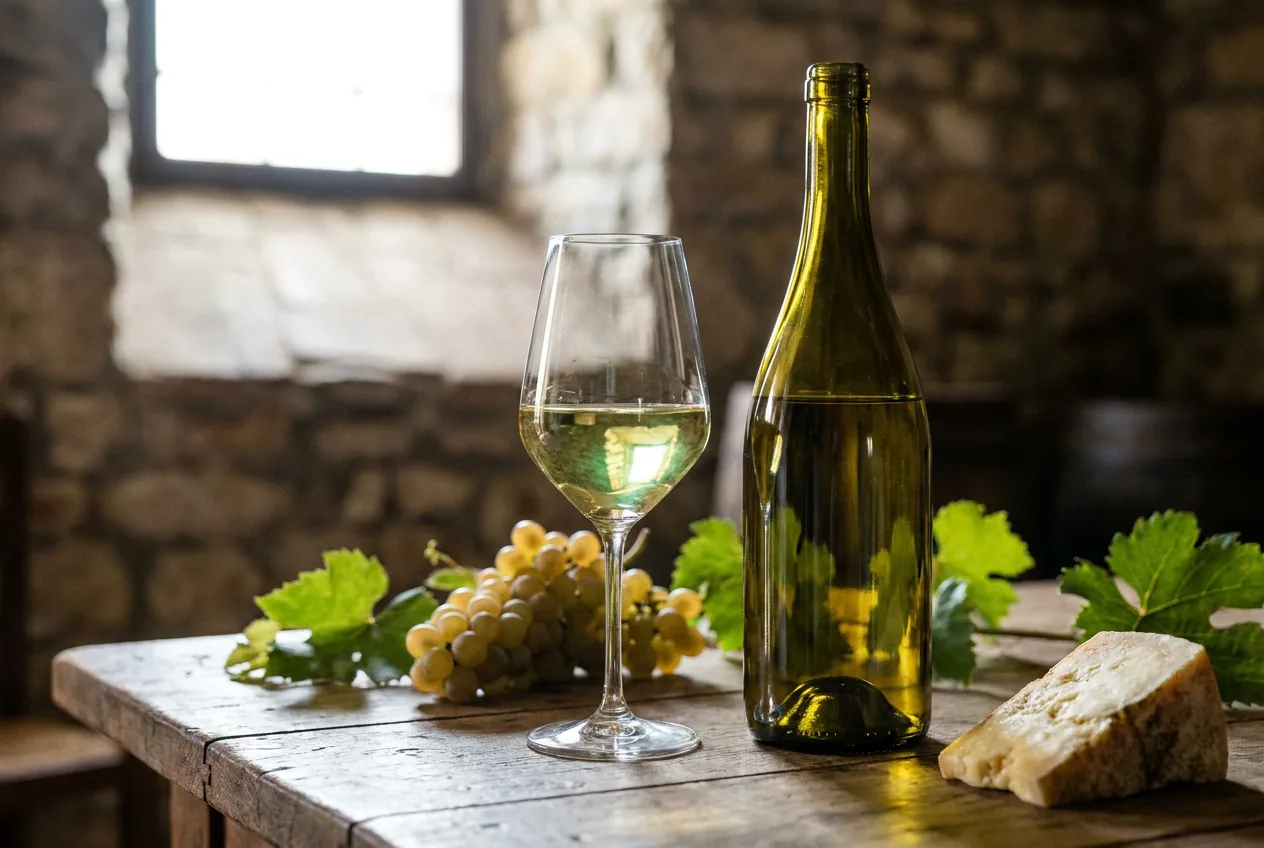 Calice di vino bianco Lugana DOC con vista sul Lago di Garda
