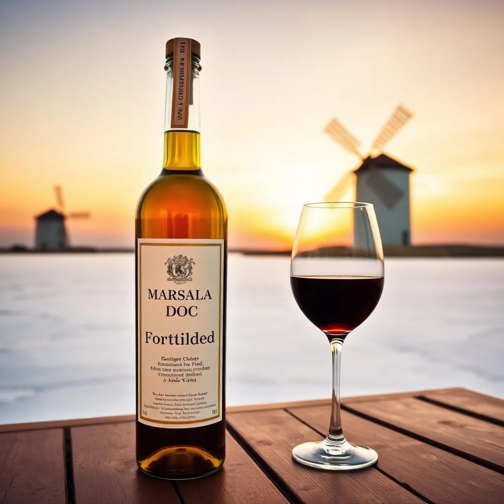 Bicchiere di Marsala DOC ambrato con saline di Trapani sullo sfondo al tramonto