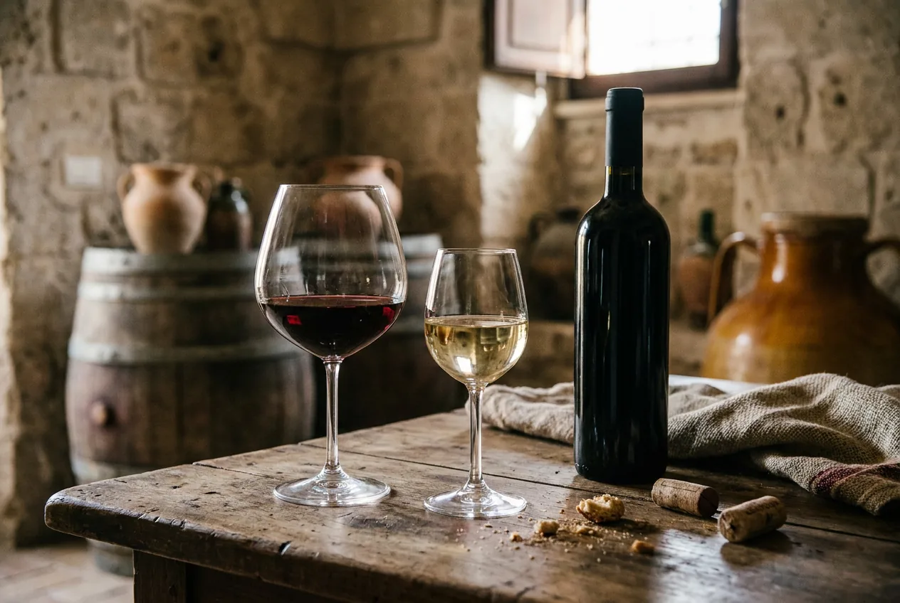 Due calici di Matera DOC, uno rosso e uno bianco, su sfondo dei Sassi di Matera