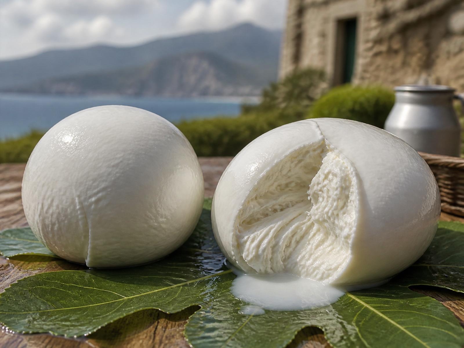Mozzarella di Bufala Campana DOP: due palle bianche, una intera e una tagliata, su foglia di fico