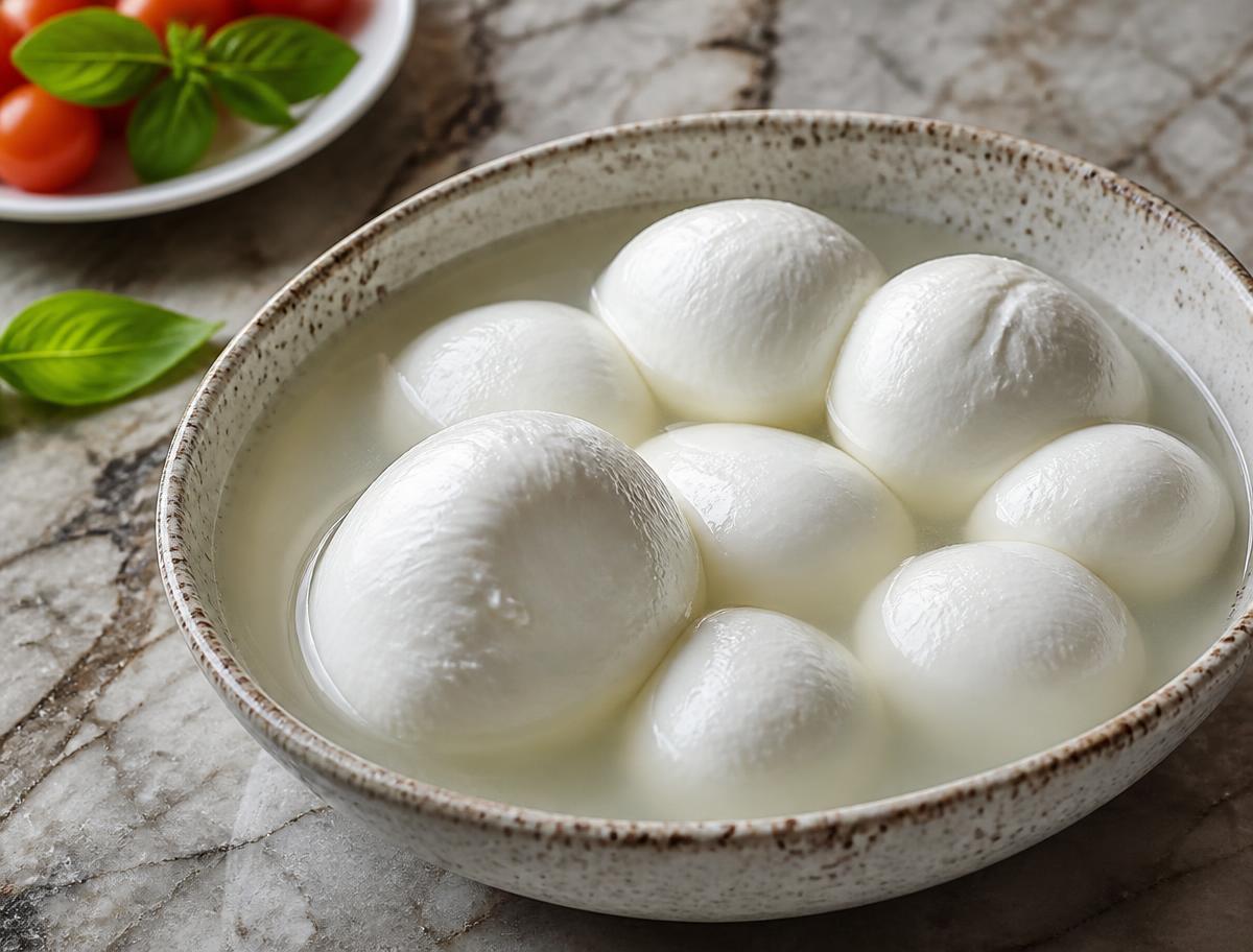 Mozzarella Tradizionale STG: bocconi bianchi di pasta filata immersi nel siero