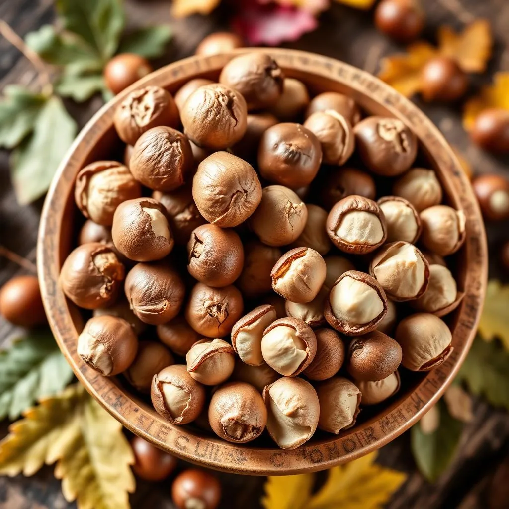 Nocciole Romane DOP con e senza guscio su tavolo di legno