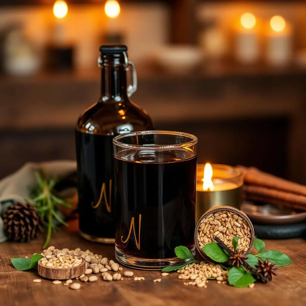 Bottiglia di Nocino con calice scuro e noci verdi tagliate