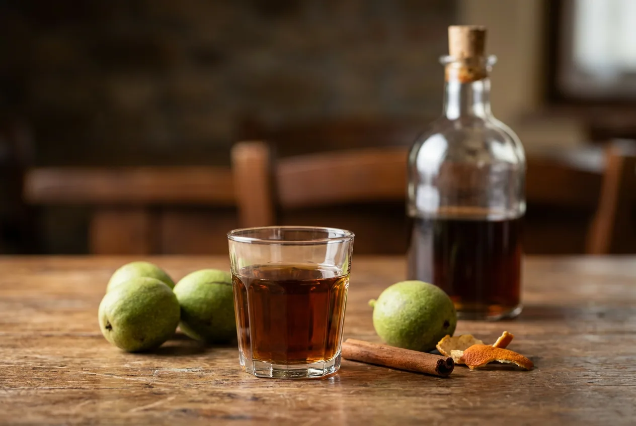 Bicchierini di nocino scuro con noci verdi intere sul tavolo