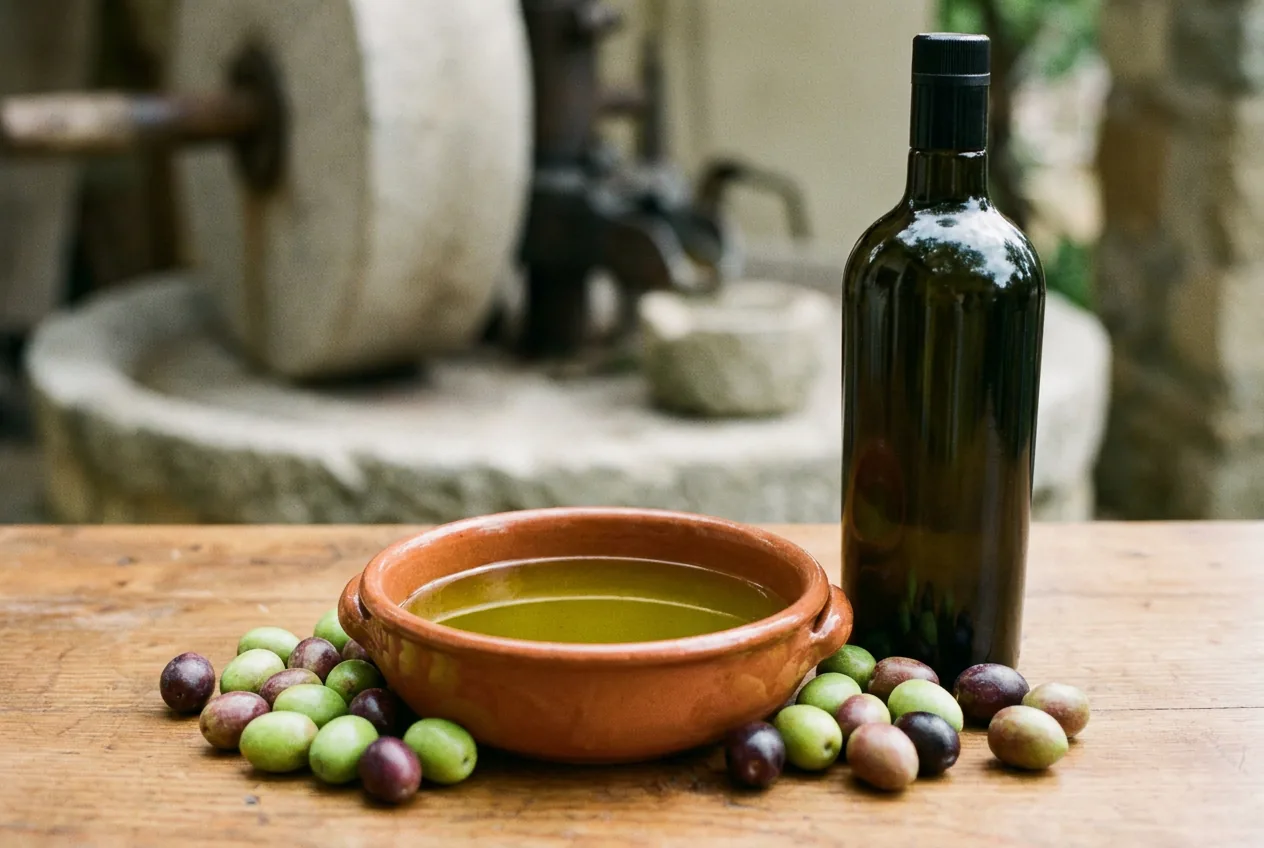 Olio extravergine di oliva Bruzio DOP di colore verde dorato