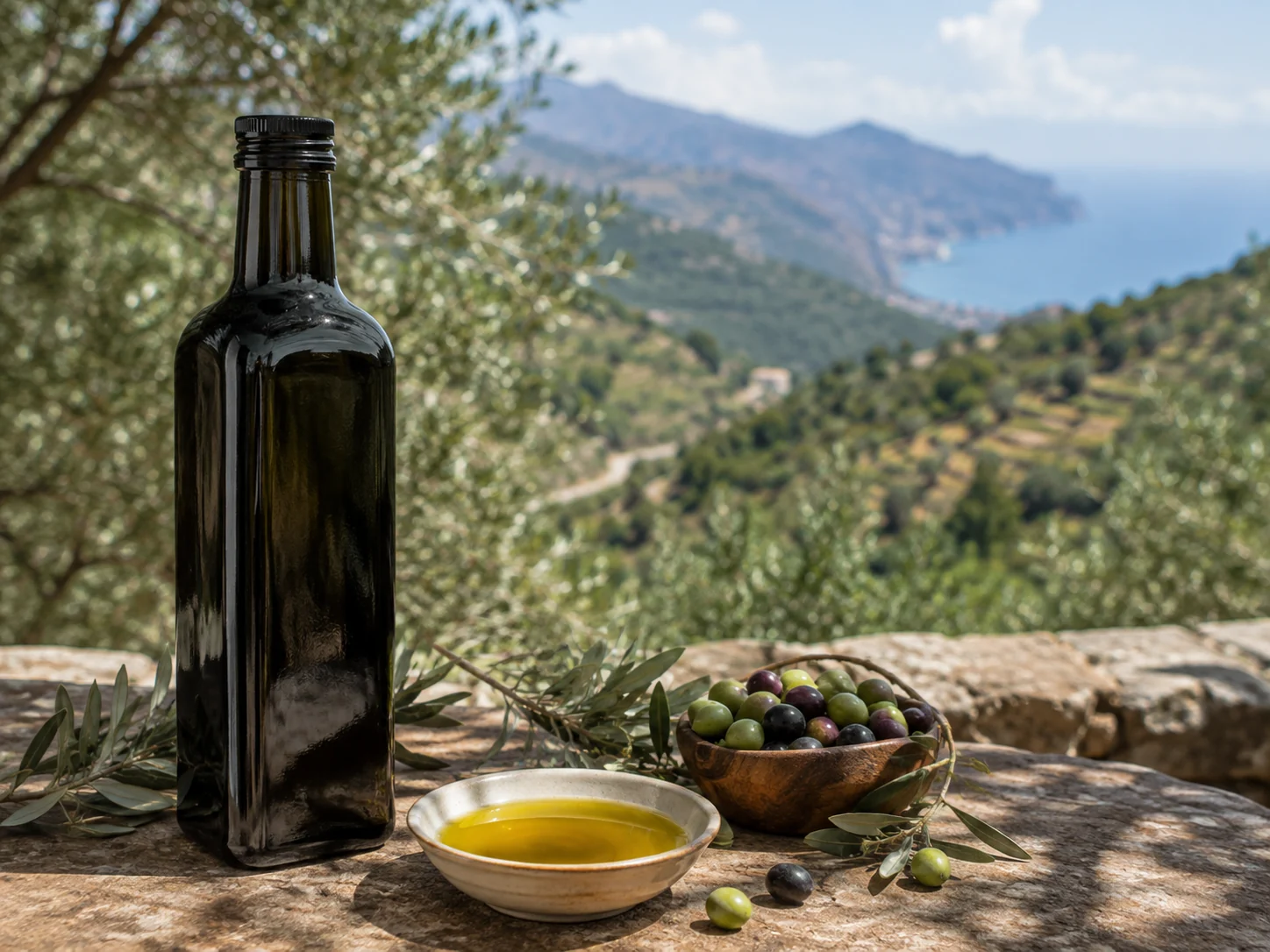 Olio Colline Salernitane DOP con olive e bottiglia in paesaggio mediterraneo