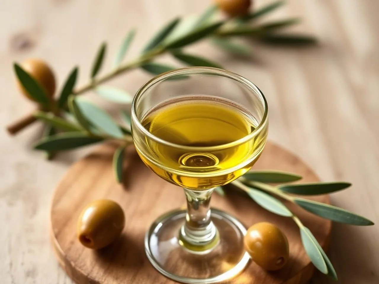Coppetta di degustazione con olio extravergine Dauno DOP giallo dorato e ramoscello di ulivo