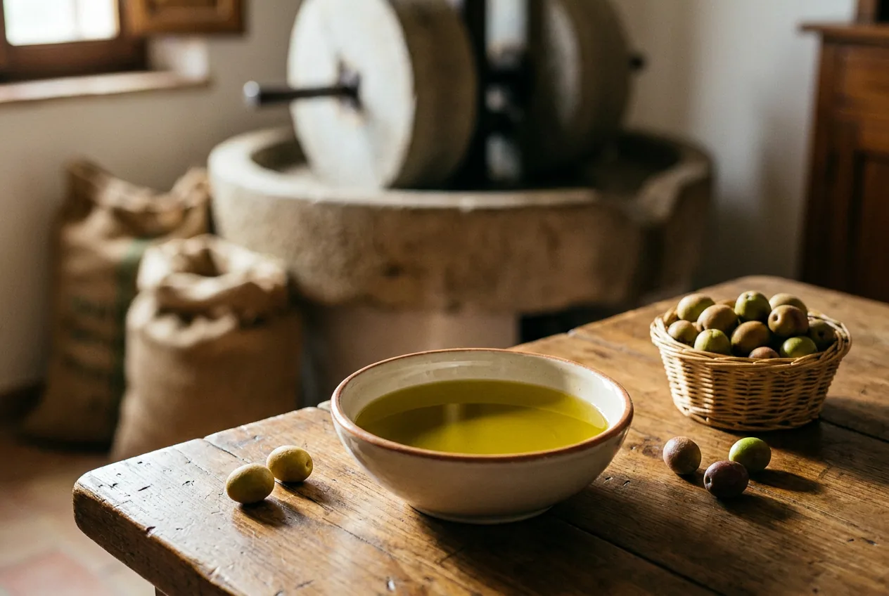 Olio Piceno DOP di colore verde-dorato versato in un piattino