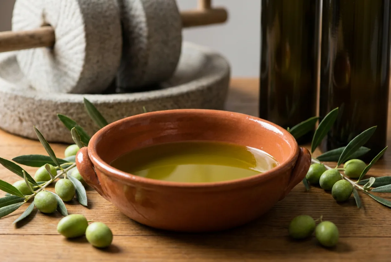Olio extravergine Tergeste DOP dal colore verde intenso versato in una ciotola