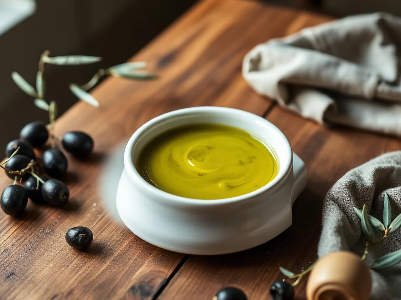 Ciotola di olio extravergine Terra d'Otranto DOP verde intenso con olive nere leccine
