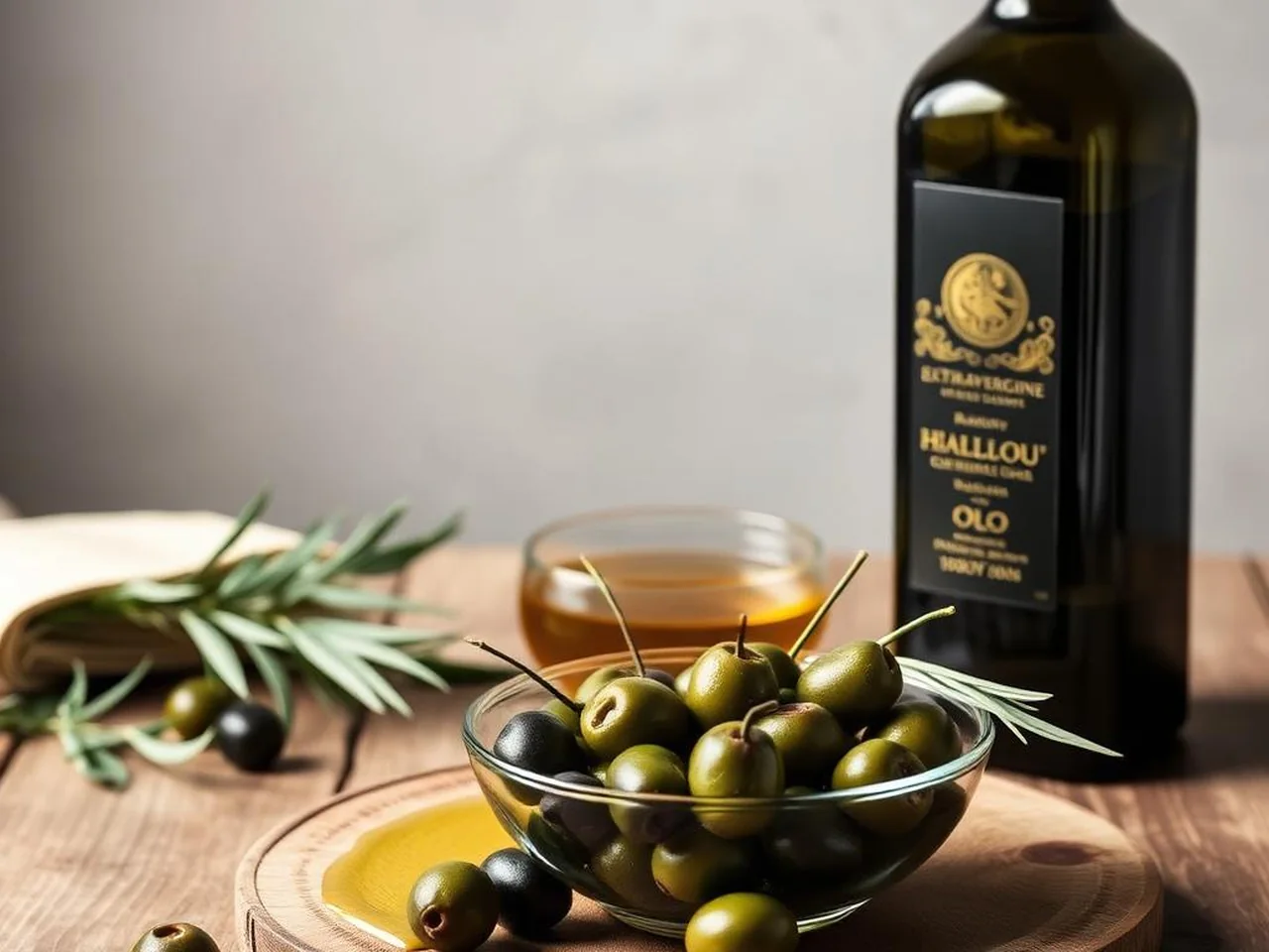 Coppa di olio extravergine Terra di Bari DOP verde dorato con olive nere e ramo di ulivo