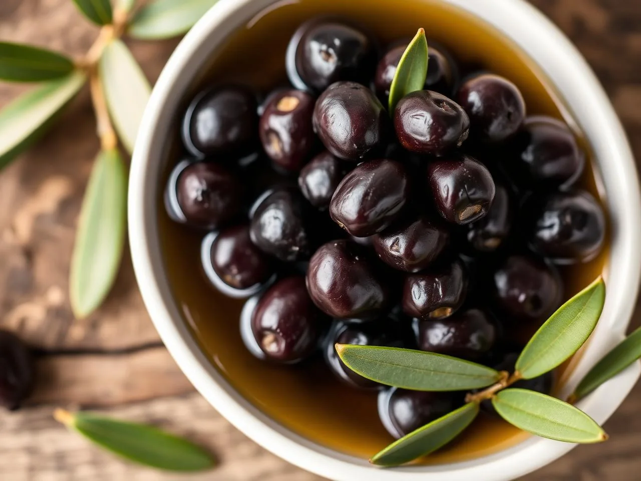 Olive di Gaeta DOP violacee in salamoia su piatto di ceramica