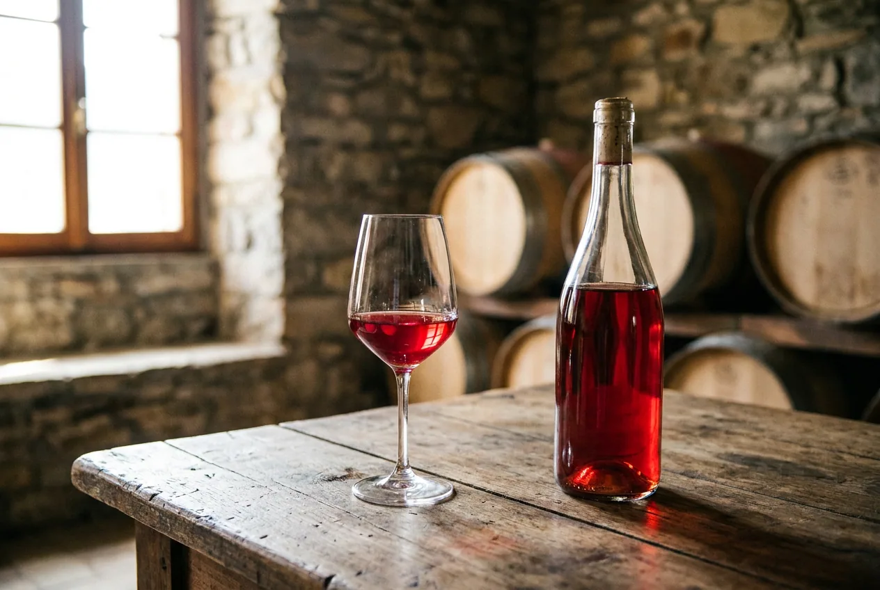 Vino rosso Ormeasco di Pornassio DOC in calice con vigneti di montagna