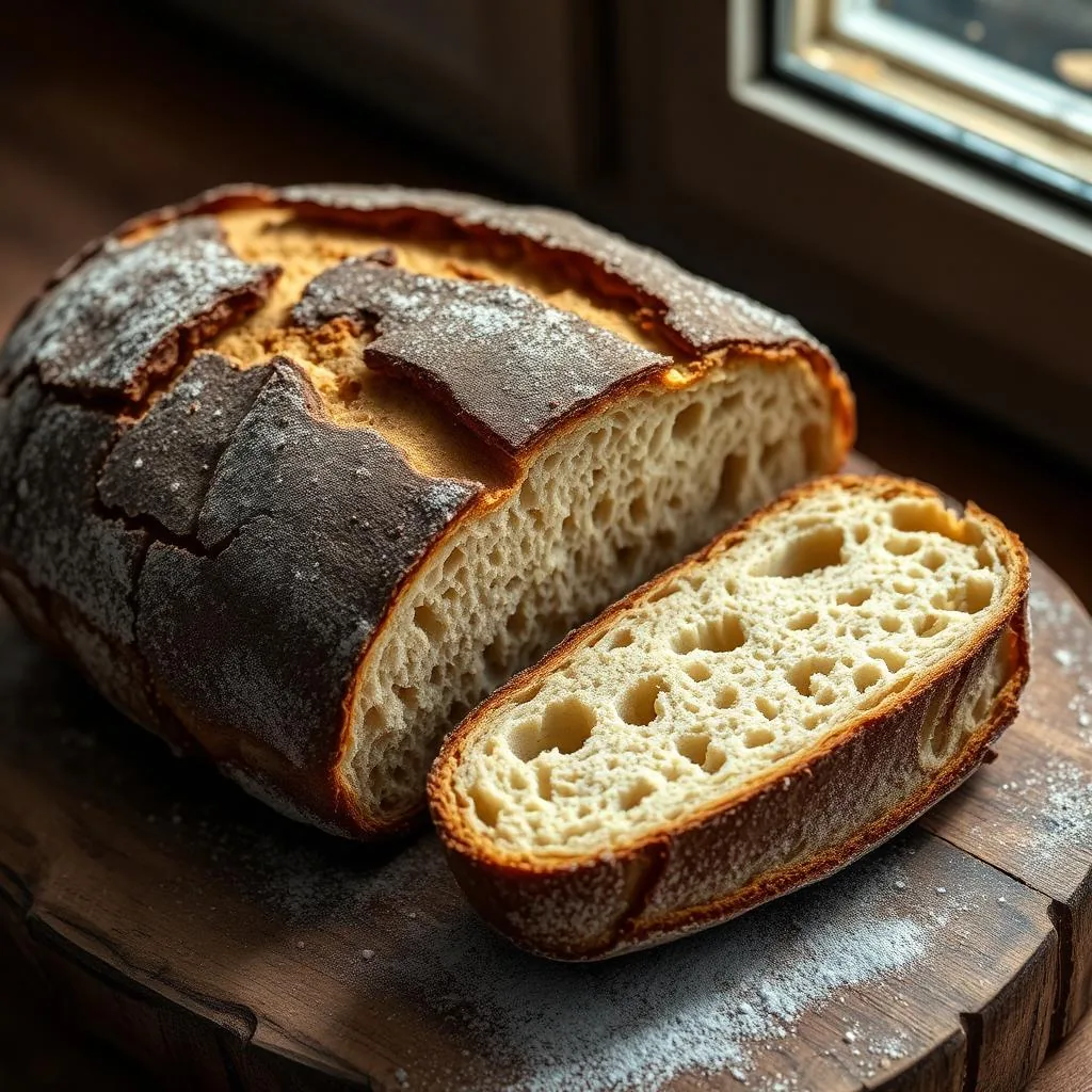 Pane Casareccio di Genzano IGP con crosta scura spolverata di crusca e mollica alveolata