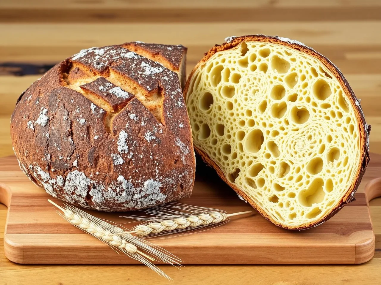 Pane di Altamura DOP: pagnotta rustica con crosta scura e mollica gialla porosa su tagliere con spighe di grano