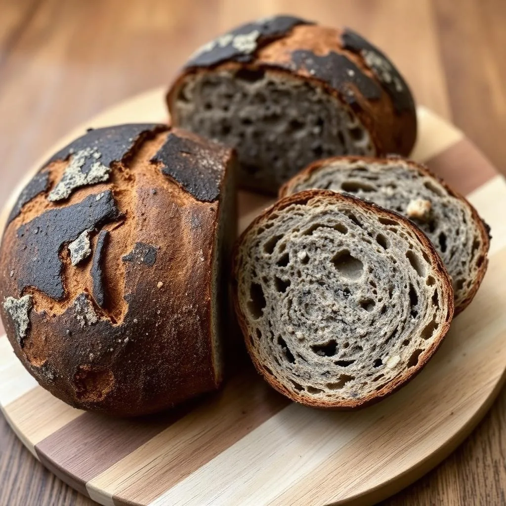 Pane di Lariano PAT: pagnotta rotonda con crosta scura da forno a legna e mollica grigia compatta su tagliere di legno
