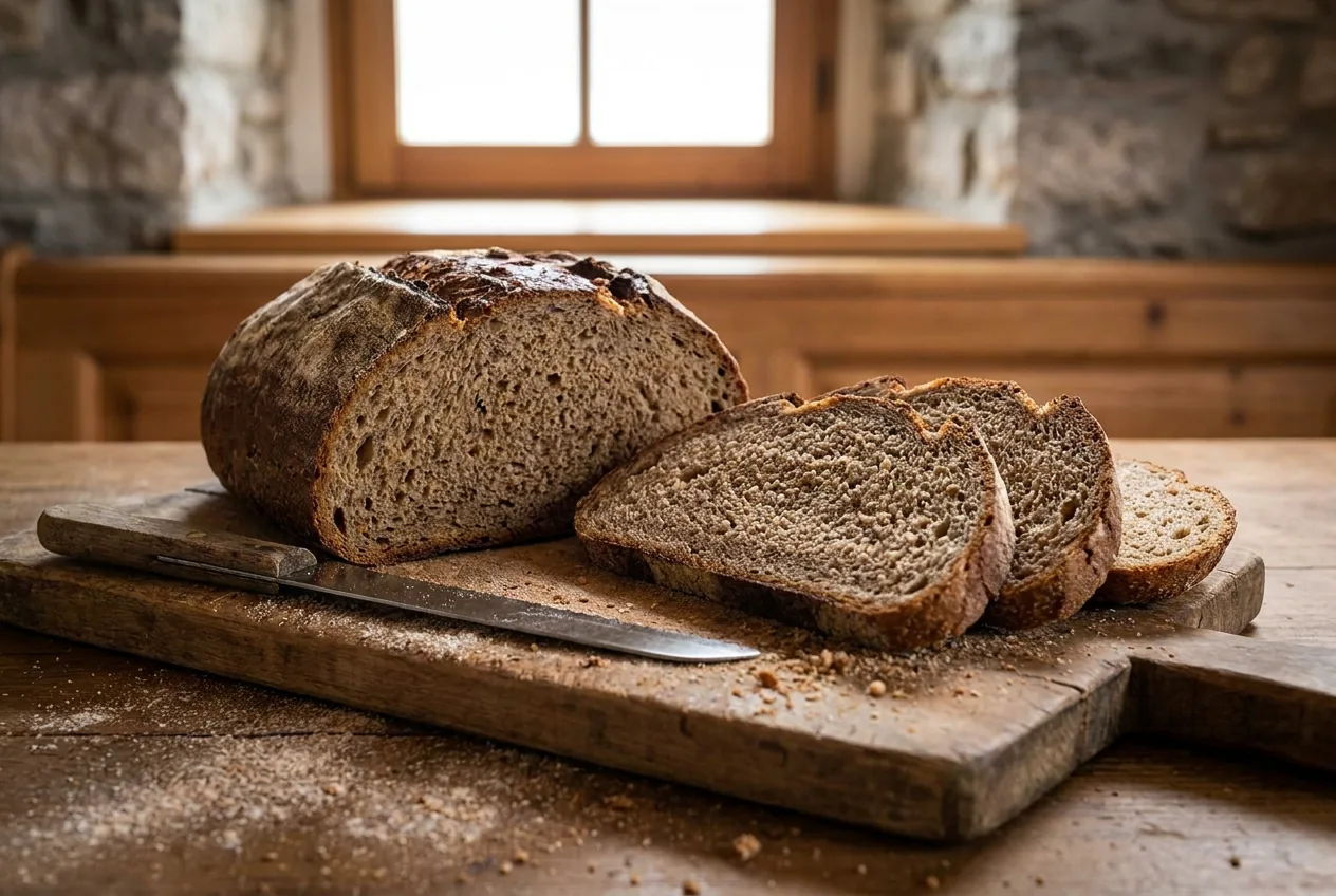 Pagnotte di pane di segale carnico con crosta scura e spessa