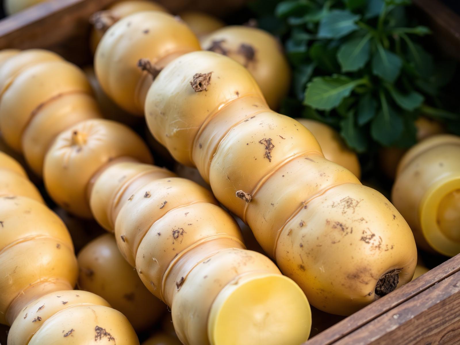 Patate del Fucino IGP a pasta gialla in cassetta di legno con terra scura