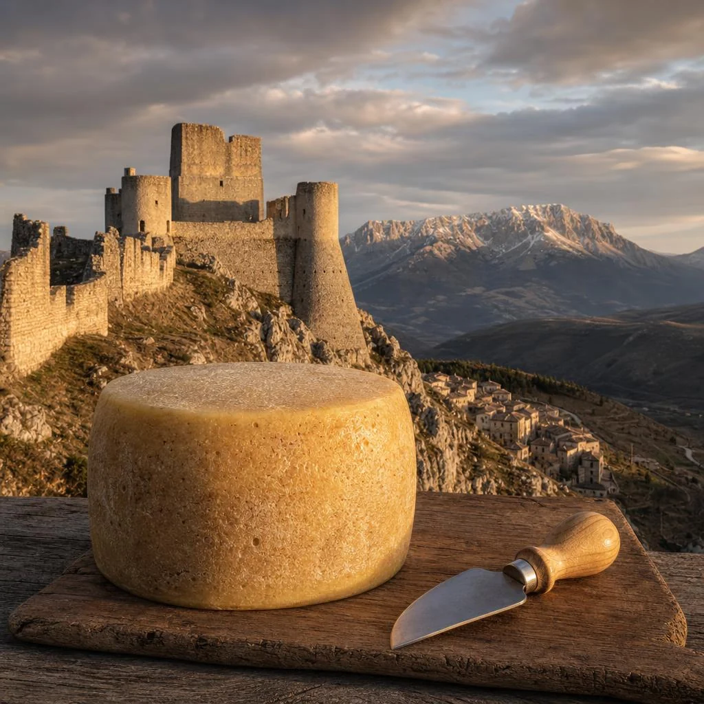 Pecorino di Calascio in primo piano con la Rocca di Calascio, il borgo sottostante e il Gran Sasso sullo sfondo