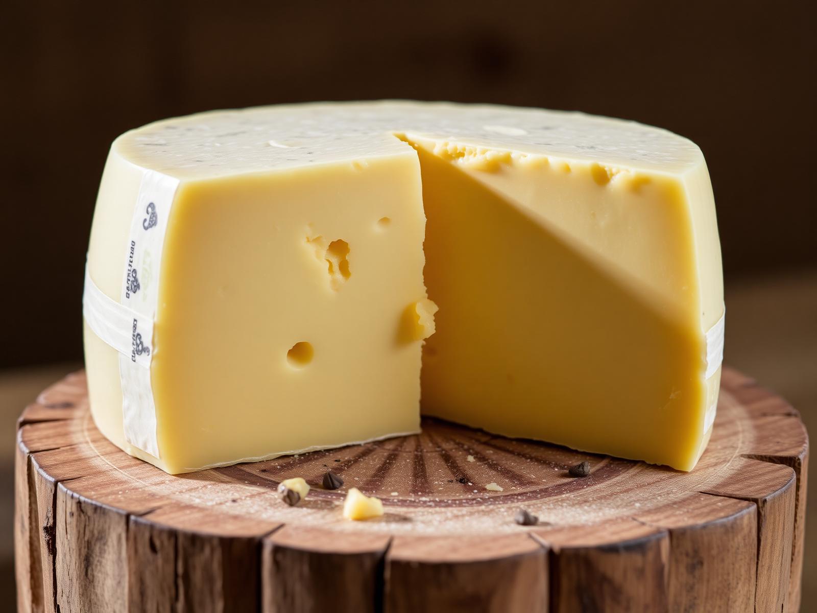 Forma di Pecorino di Farindola con crosta giallo-marrone e cuneo di pasta paglierina