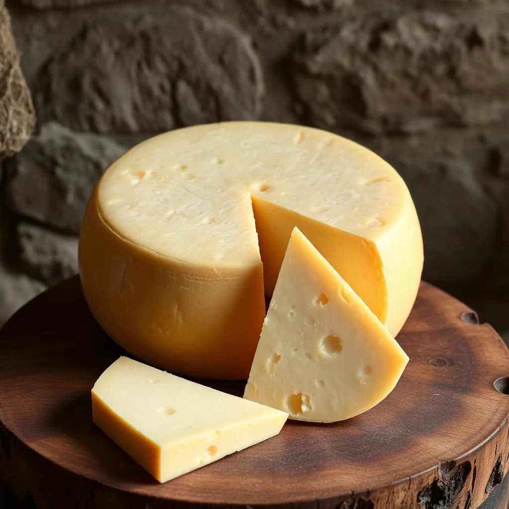 Forma di Pecorino di Picinisco DOP con crosta rugosa color paglierino e cuneo di pasta ivory