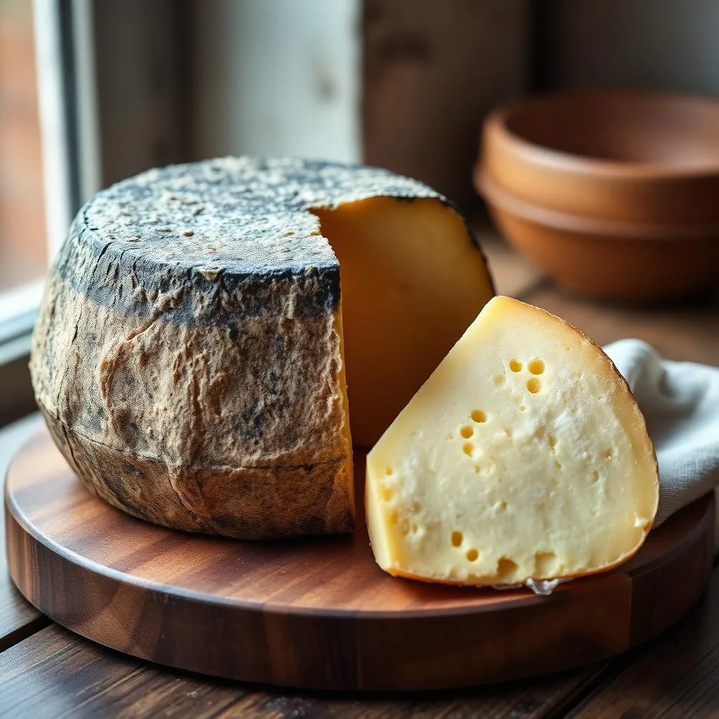 Forma stagionata di Pecorino Romano DOP con crosta scura e cuneo di pasta paglierina su tagliere di legno