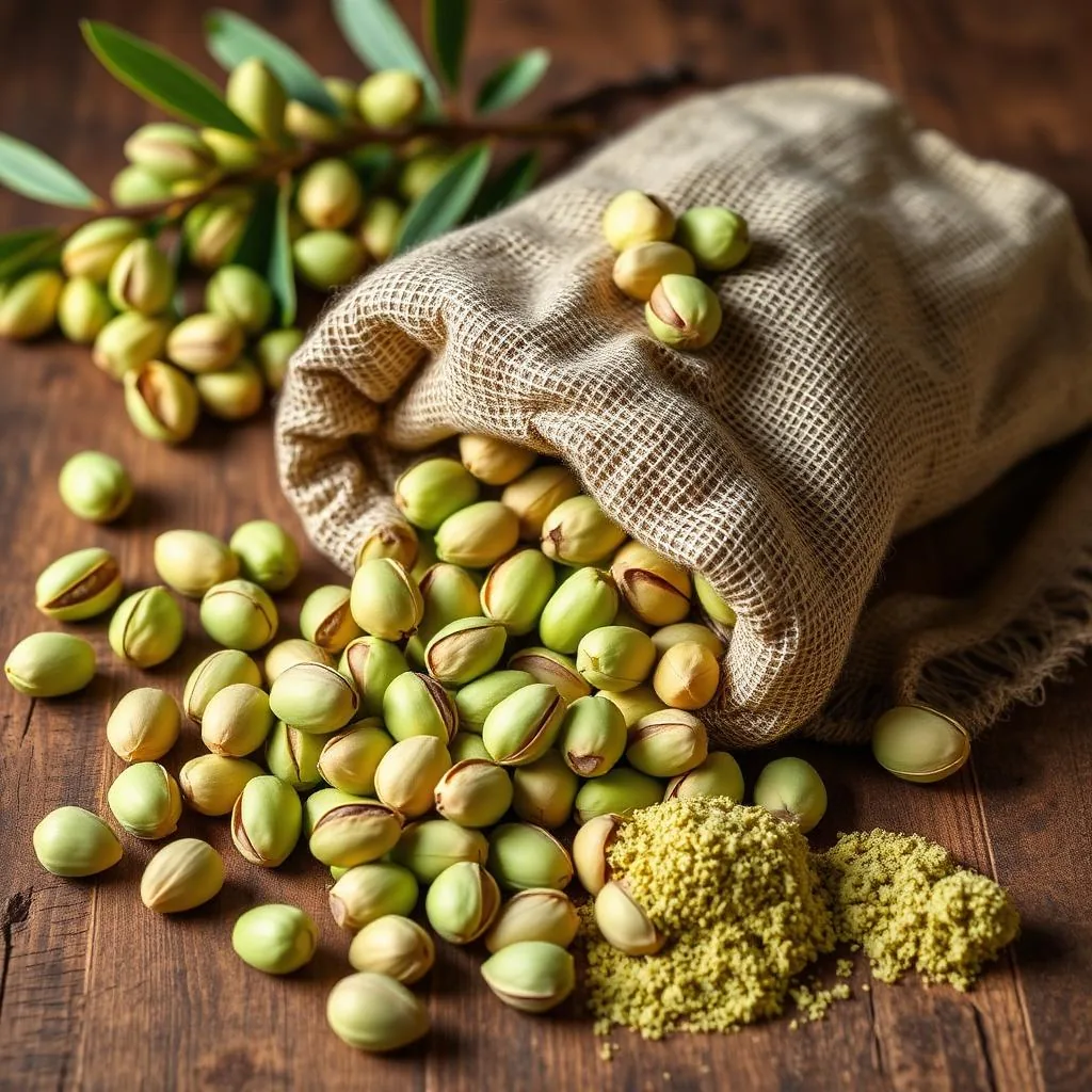 Pistacchi Verdi di Bronte DOP col guscio e sgusciati su tavolo di legno con Etna sullo sfondo