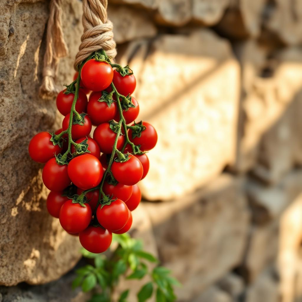 Piennolo di pomodorini del Vesuvio DOP appeso a muro di pietra vulcanica