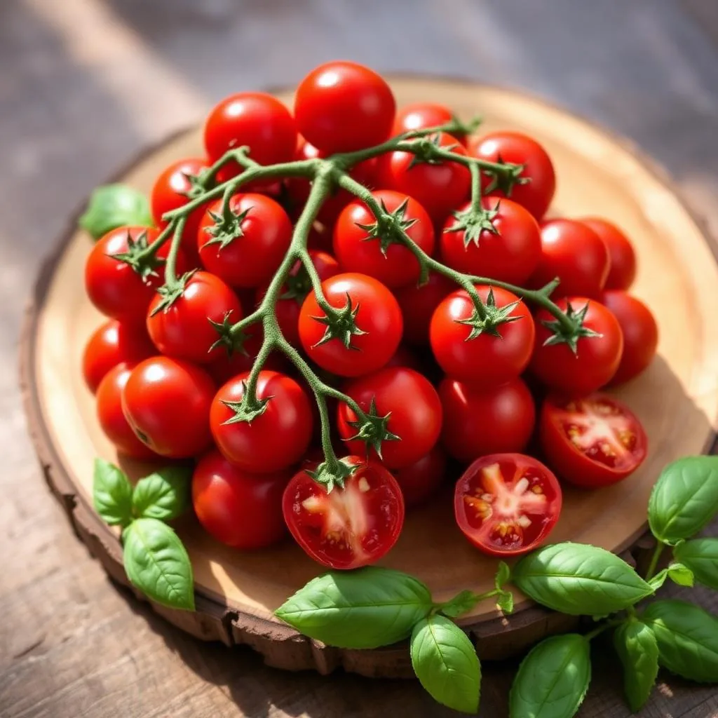 Pomodorini ciliegino di Pachino IGP maturi a grappolo con foglie di basilico