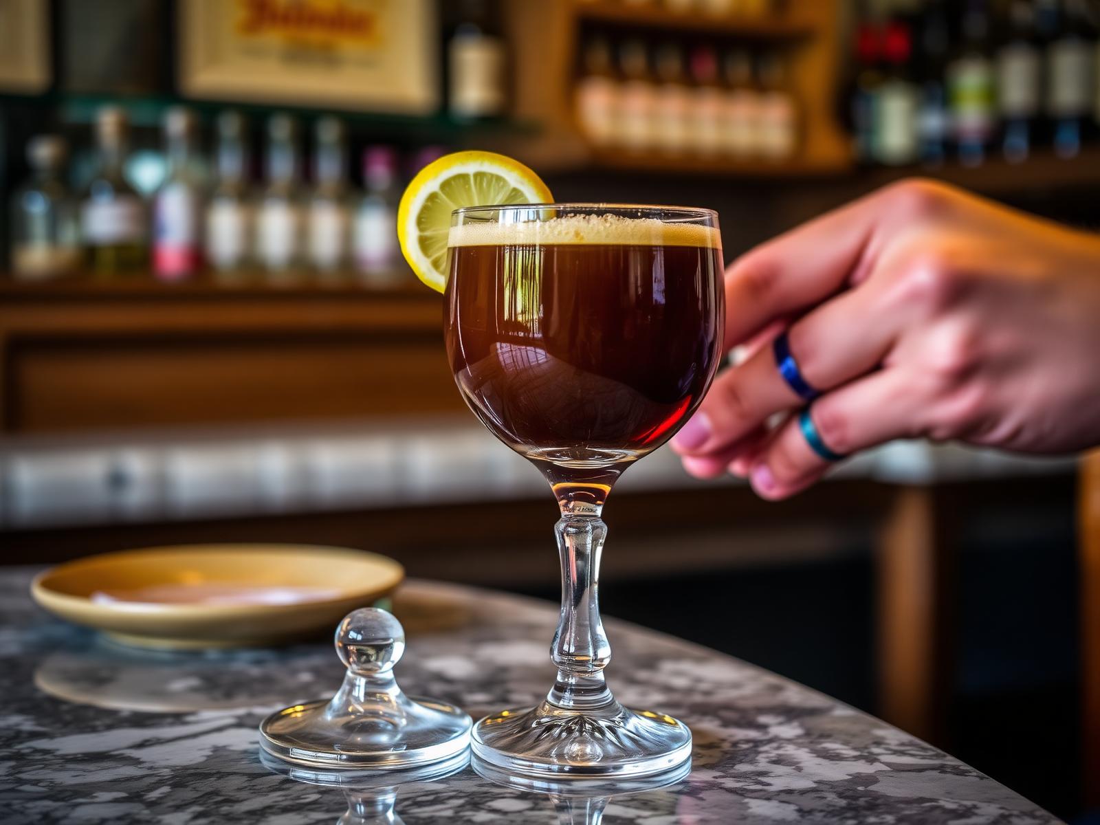 Ponce abruzzese in bicchierino di vetro con caffè, rum e scorza di limone