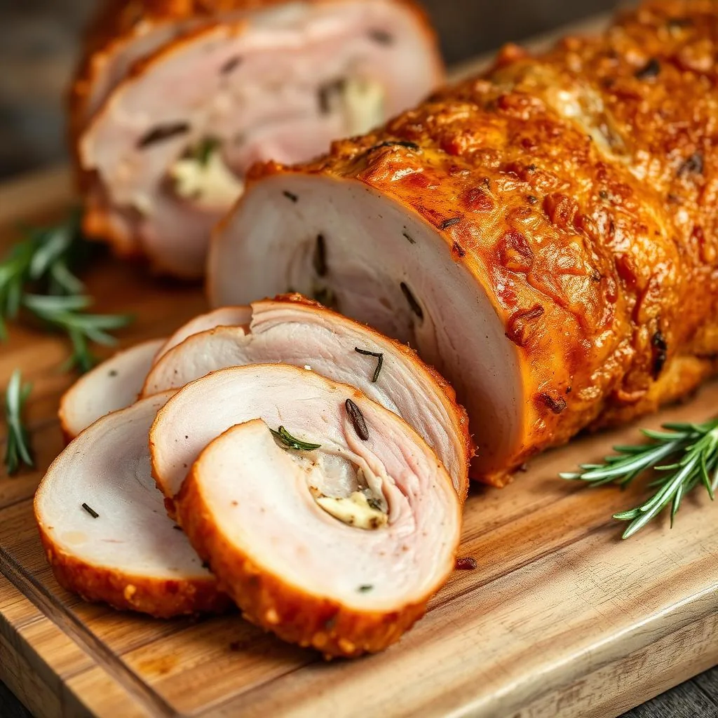 Porchetta di Ariccia IGP affettata con crosta croccante e rosmarino su tagliere di legno