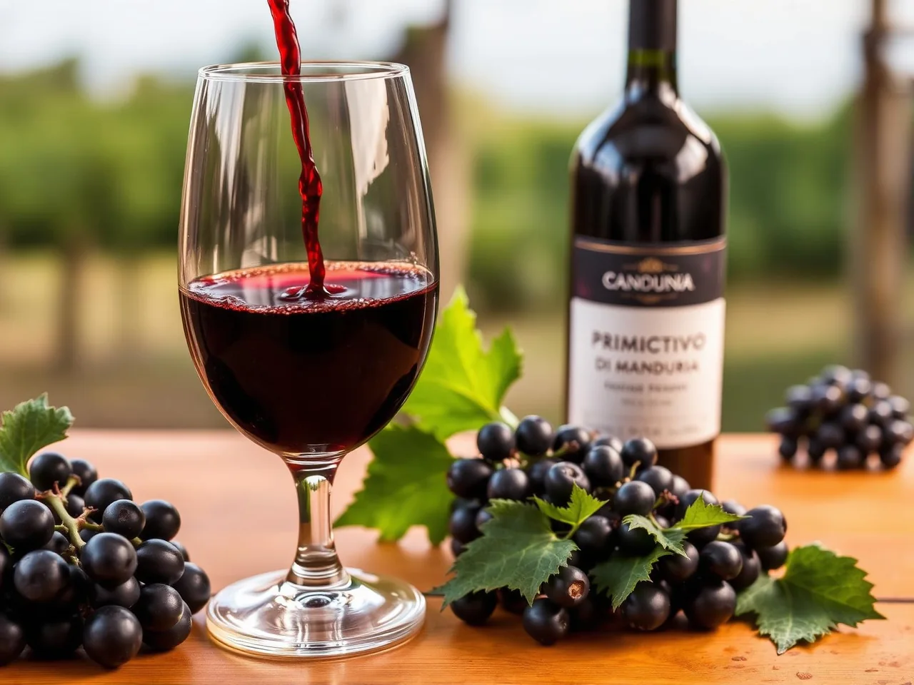 Calice di Primitivo di Manduria rosso rubino accanto a grappoli d'uva primitivo