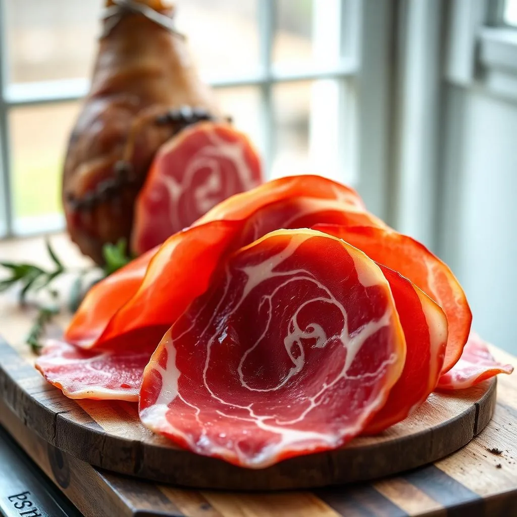 Prosciutto Amatriciano IGP affettato su tagliere di legno con grissini e vino rosso