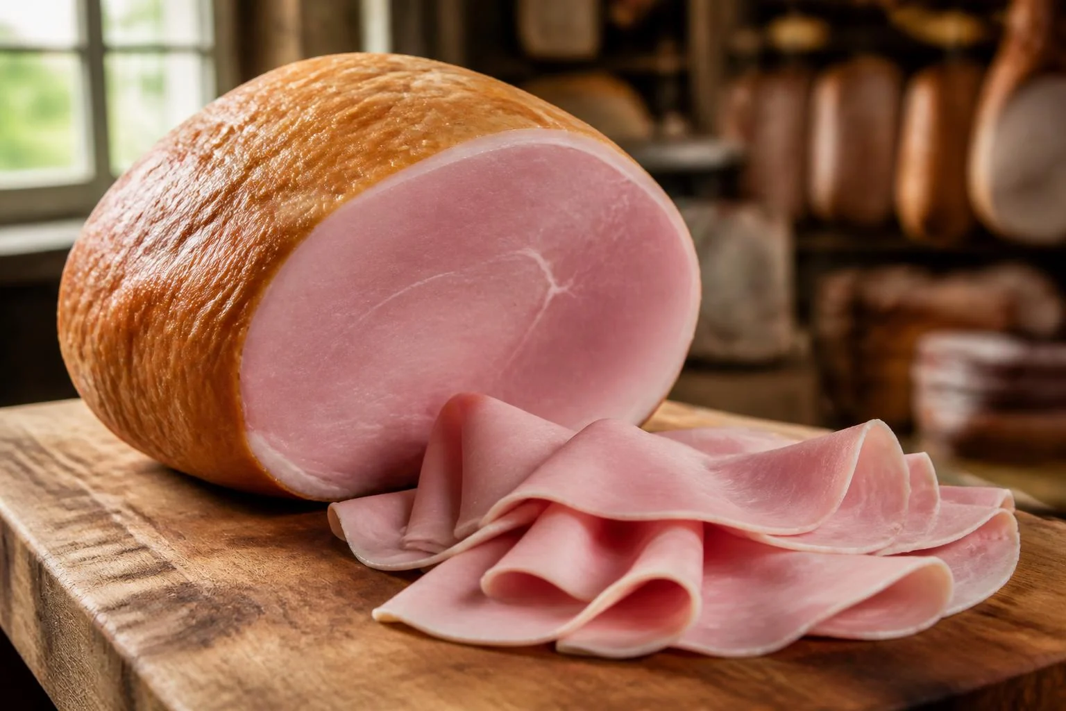 Prosciutto cotto intero con fette rosate su tagliere di legno