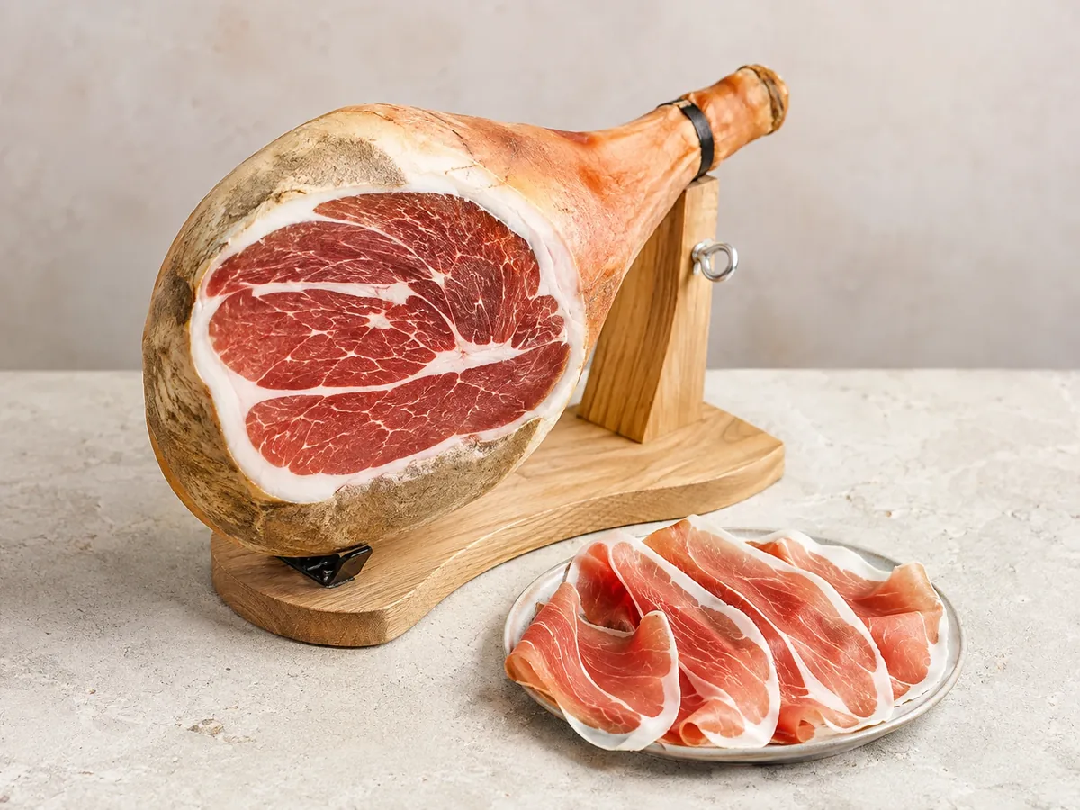 Fette di Prosciutto di Modena DOP disposte su tagliere di legno