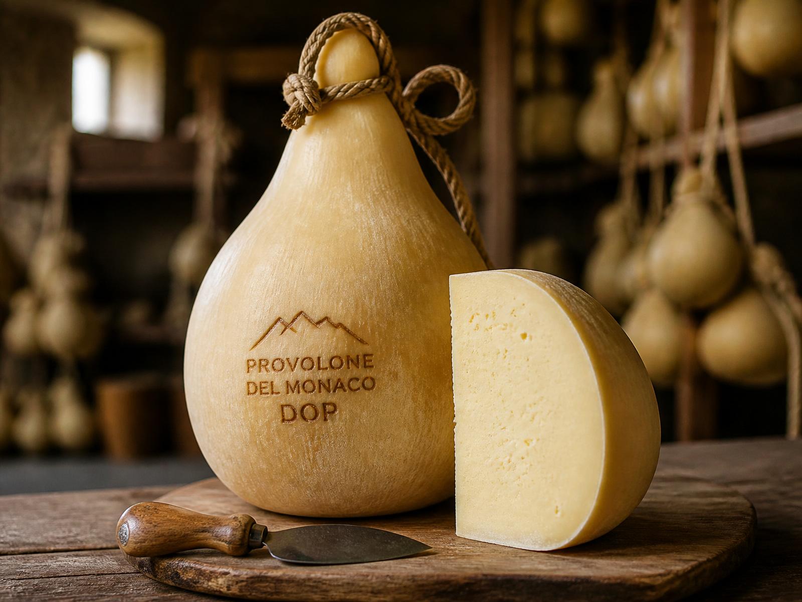 Forma di Provolone del Monaco DOP legata con corda accanto a un cuneo tagliato in cantina di stagionatura